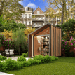 tiny house kantoor hout, glas, groene tuin