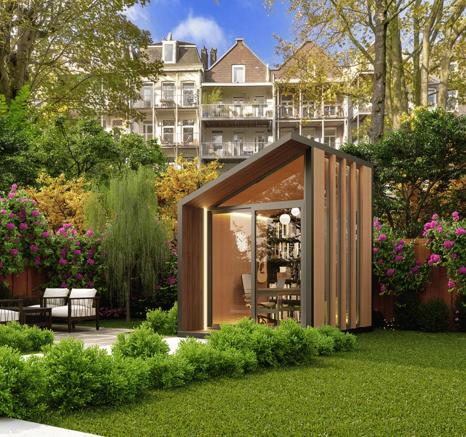 Tuin kantoor met terras en veel groen