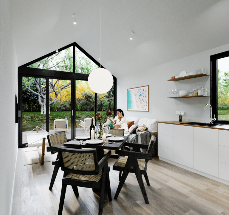 recreatie tiny house eettafel uitzicht, design verlichting, keuken