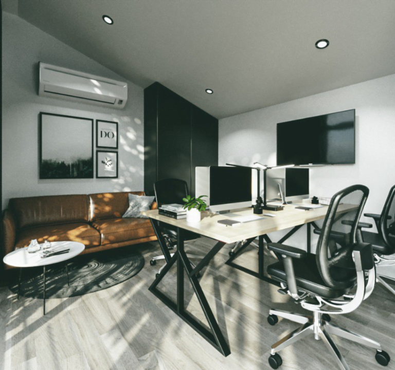 interieur groot tuinkantoor, modern, macbook computers, bureau, stoelen, leren bank, salon tafel, tv aan de muur, airco