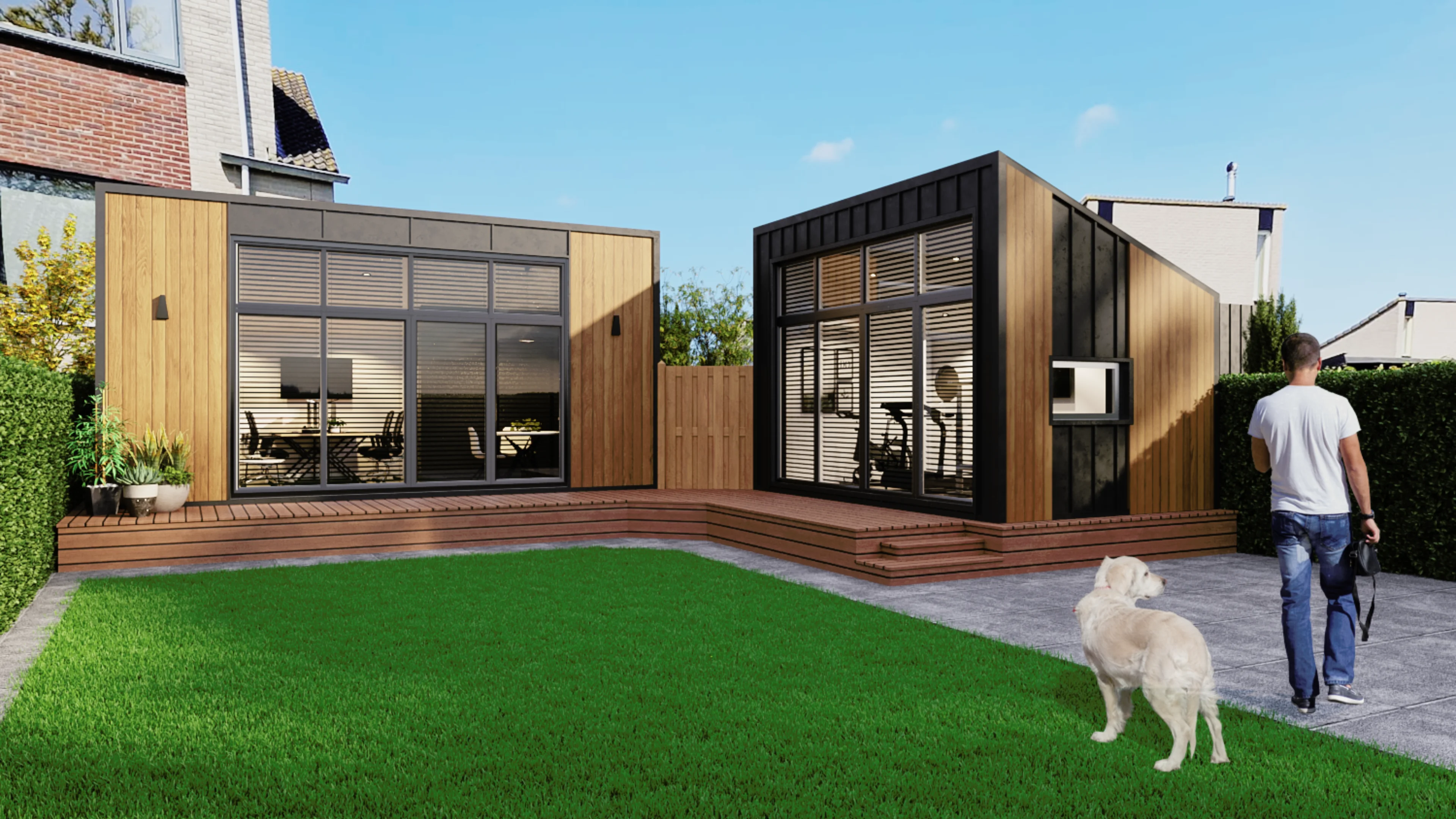 Een man en een hond lopen naar modulaire tiny houses in een achtertuin van een voorstad, die een eigentijds ontwerp tonen met grote glazen ramen en houten accenten, wat een blik biedt op de integratie van compact wonen en moderne esthetiek.