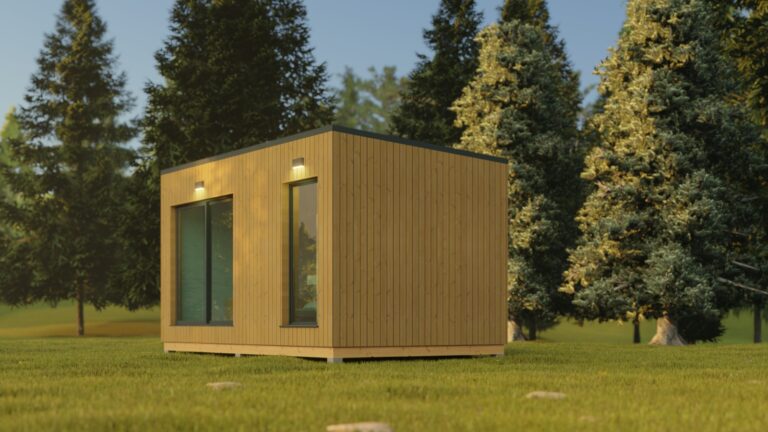 Een compact Tiny House 3d Render met strakke lijnen en grote ramen, gelegen in een groene omgeving. De buitenverlichting benadrukt de moderne esthetiek van het gebouw, terwijl het omringende landschap rust uitstraalt.