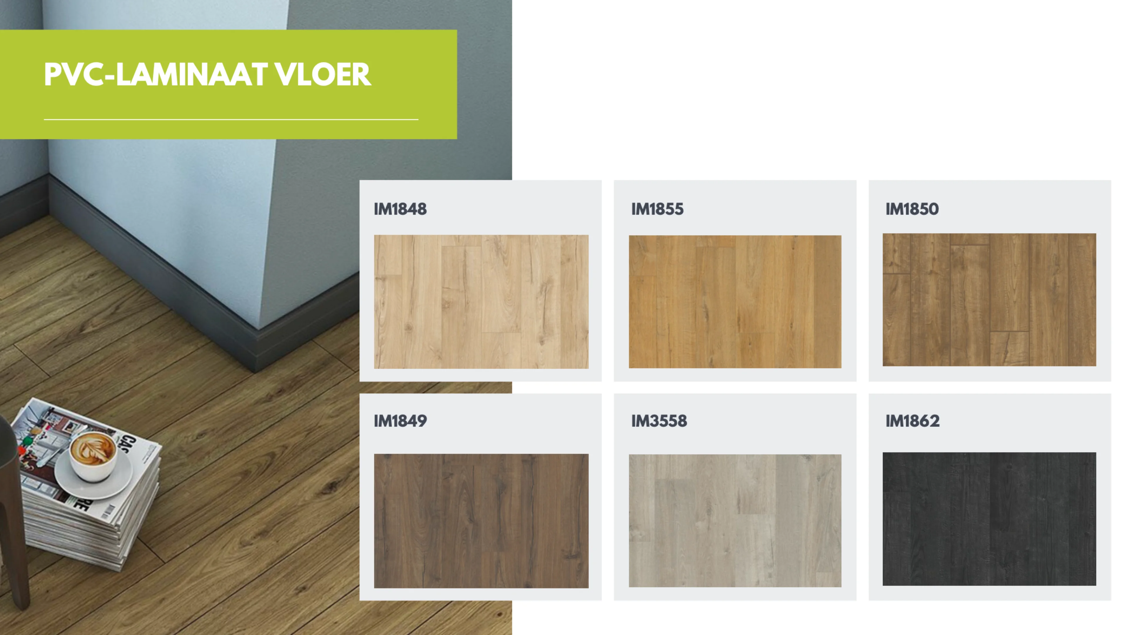 Selectie van PVC-laminaatvloer opties voor tiny houses, getoond in diverse kleuren en patronen waaronder licht eiken, donker walnoot, en grijs steen. Deze vloeren bieden een duurzame en stijlvolle basis voor elke kleine woonruimte