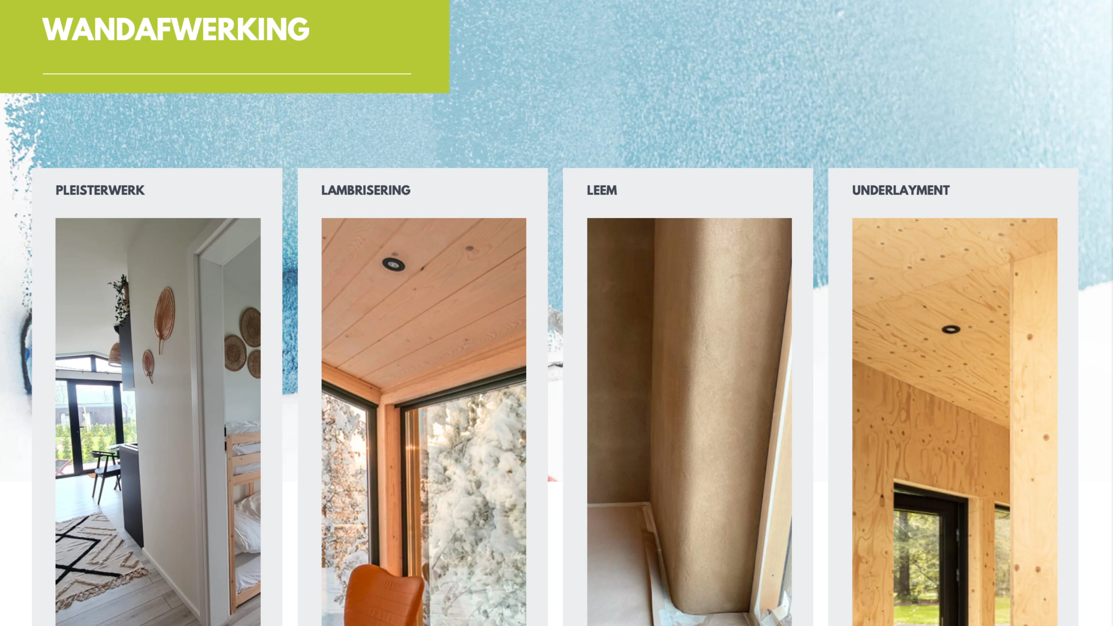 Overzicht van wandafwerkingsopties voor tiny houses, inclusief pleisterwerk, lambrisering, leem en underlayment. Deze materialen bieden veelzijdige en esthetische oplossingen om de muren van een kleine woonruimte aan te kleden.