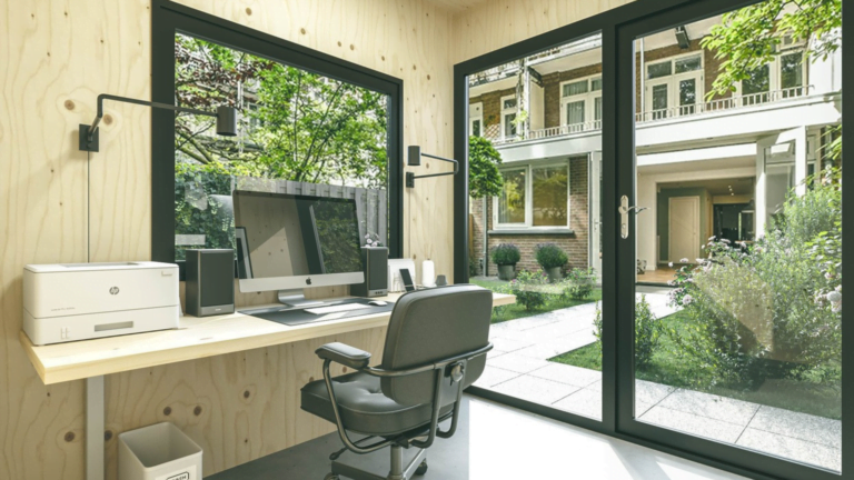 Helder en functioneel interieur van een kantoortje in een tiny house, met een nette bureauopstelling met een grote monitor en comfortabele zitplaatsen, met uitzicht op een serene tuin door kamerhoge ramen, ideaal voor een rustige werkplek