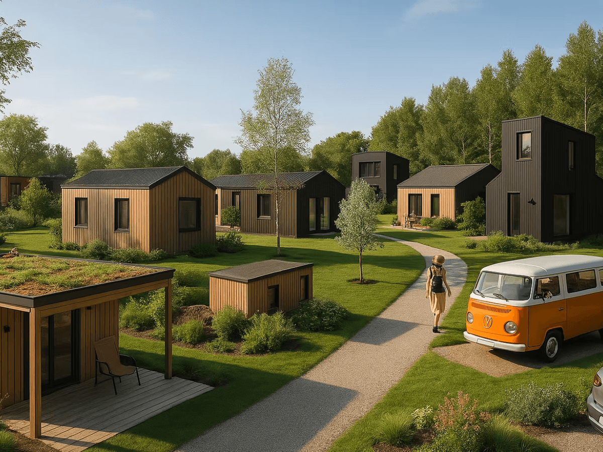 Een illustratieve weergave van een CPO-project met meerdere moderne Tiny Houses in een groene, parkachtige omgeving in Meppel. De houten en zwarte huisjes staan verspreid langs een kronkelend pad, met een retro oranje Volkswagenbus en een wandelende vrouw op de voorgrond.